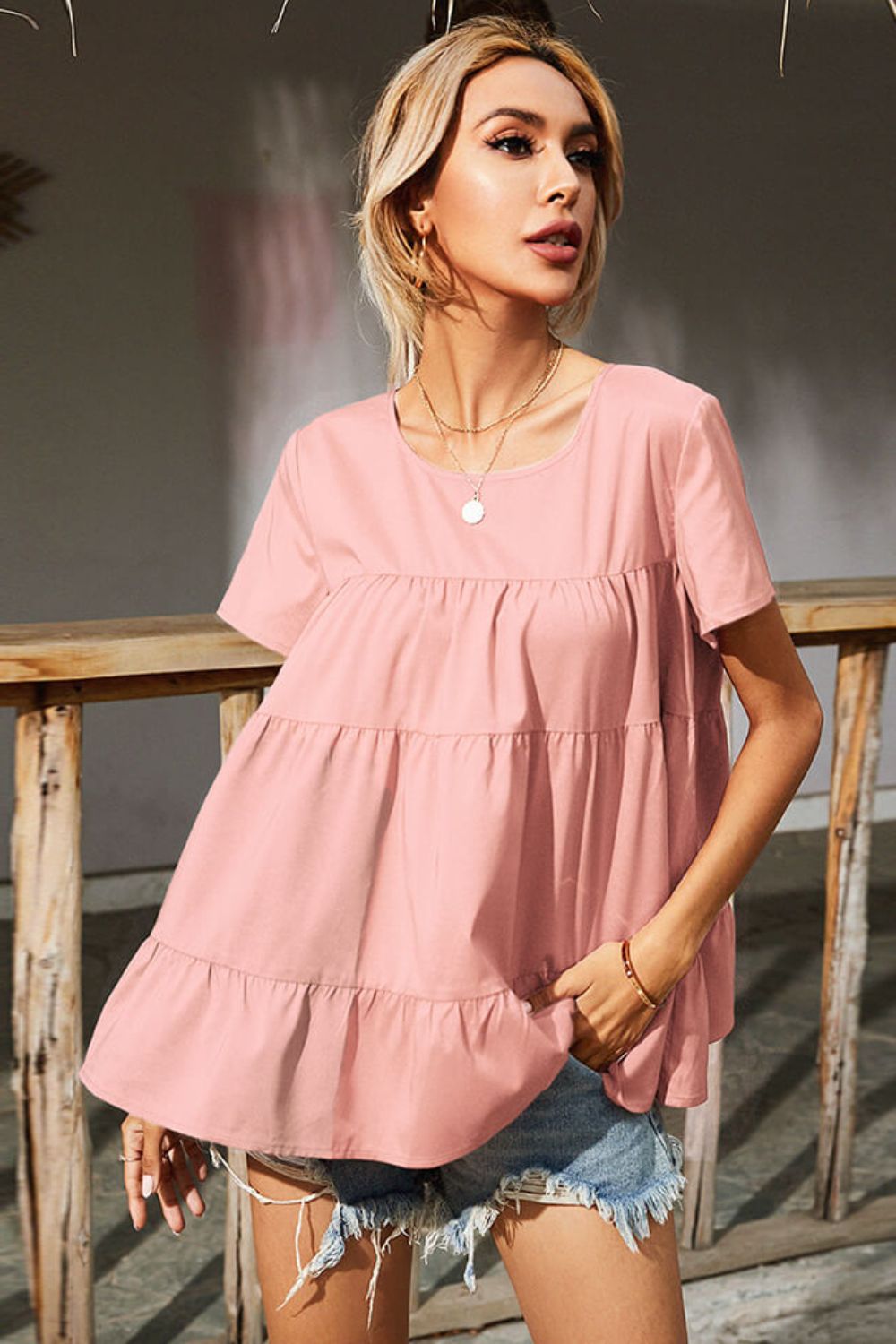 Round Neck Short Sleeve Tiered Blouse  Shirts & Tops- Doll Fits