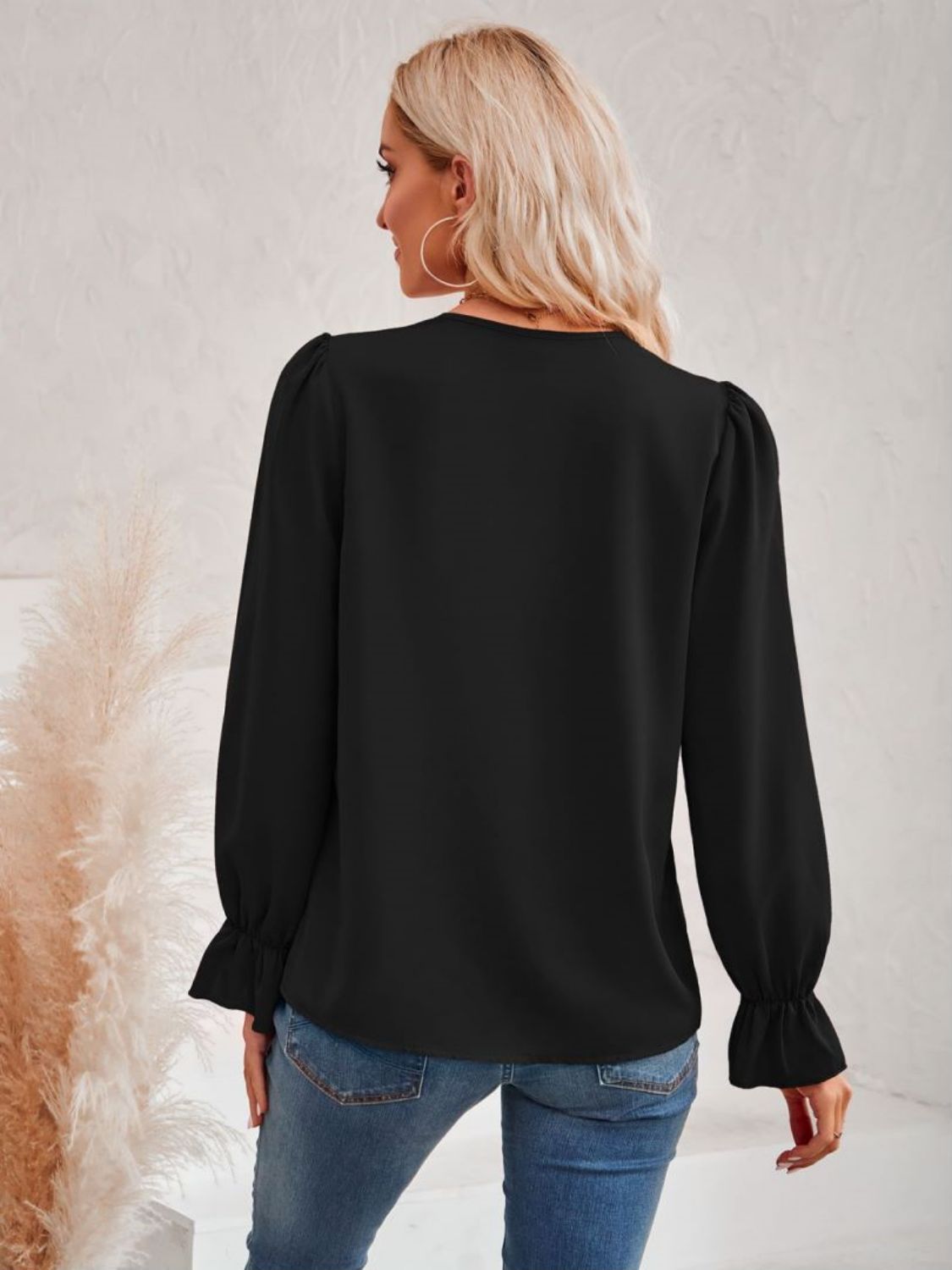 Contrast Trim Flounce Sleeve V-Neck Blouse  Shirts & Tops- Doll Fits