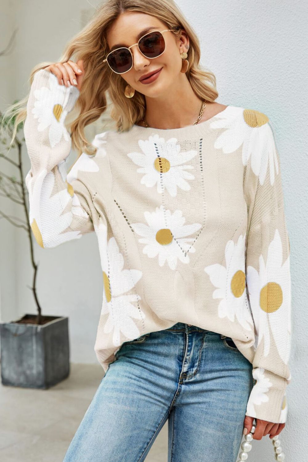 Daisy Print Openwork Round Neck Sweater  Shirts & Tops- Doll Fits