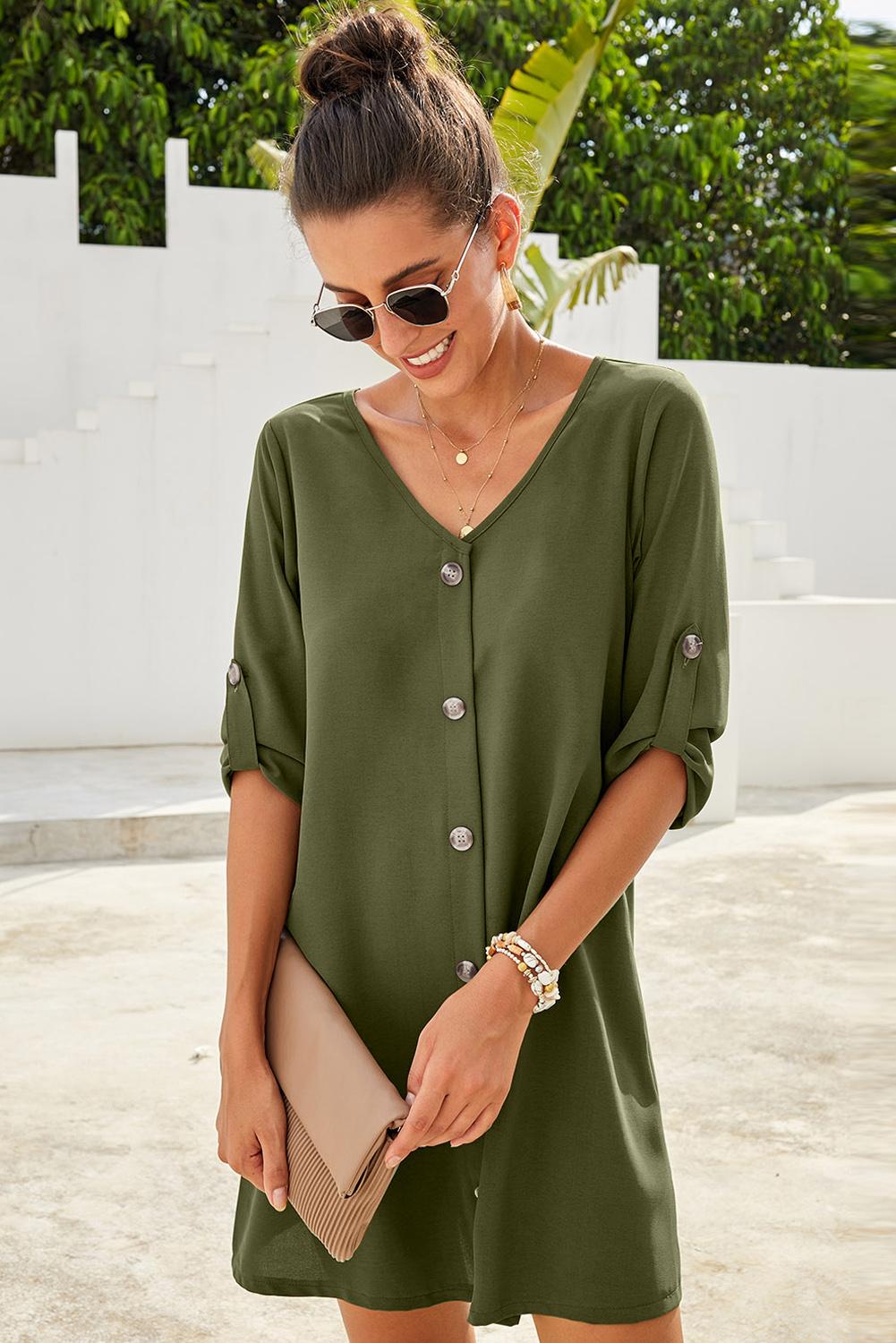 Buttoned V-Neck Dress  Dresses- Doll Fits