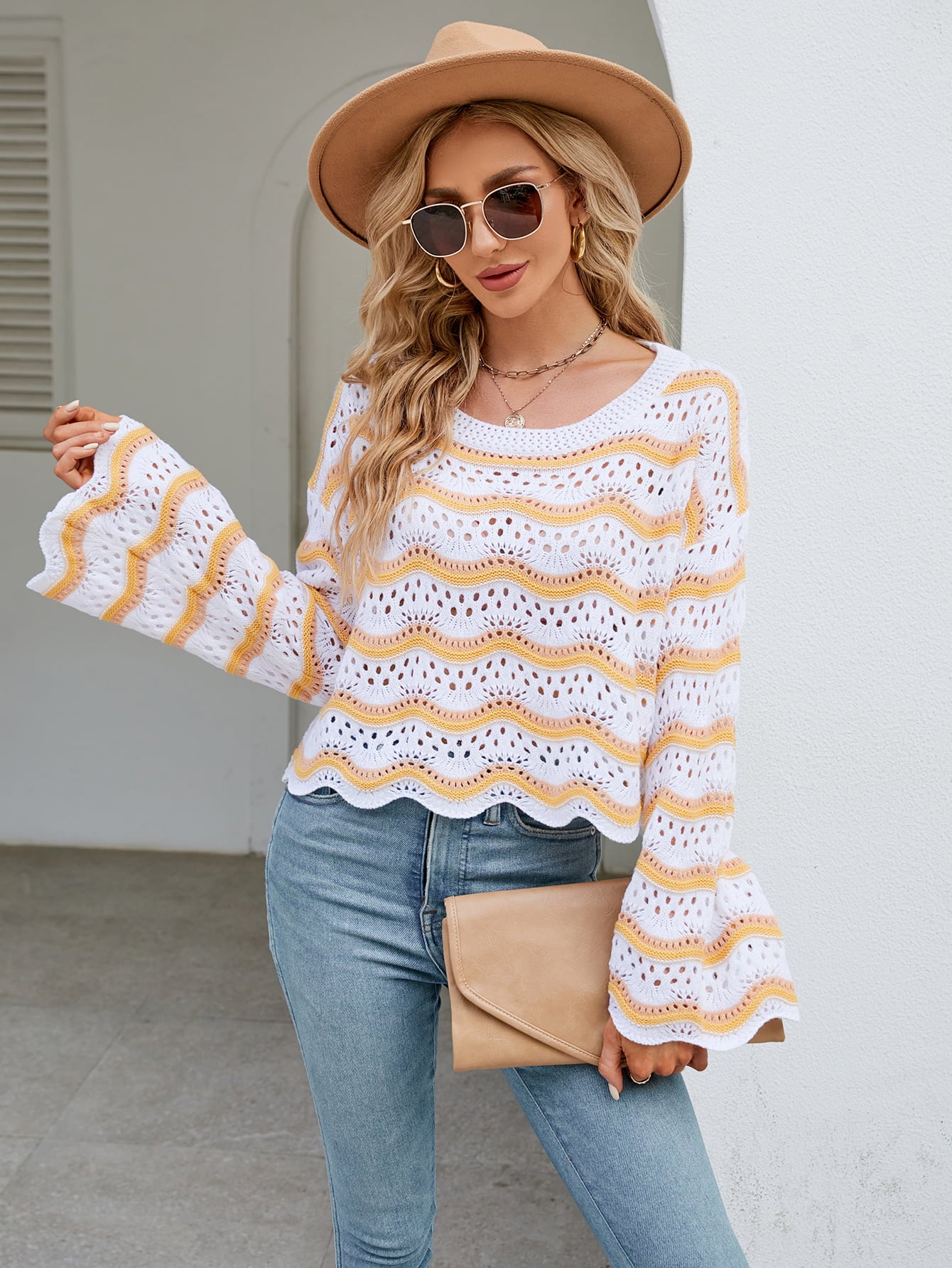 Round Neck Openwork Flare Sleeve Knit Top  - Doll Fits
