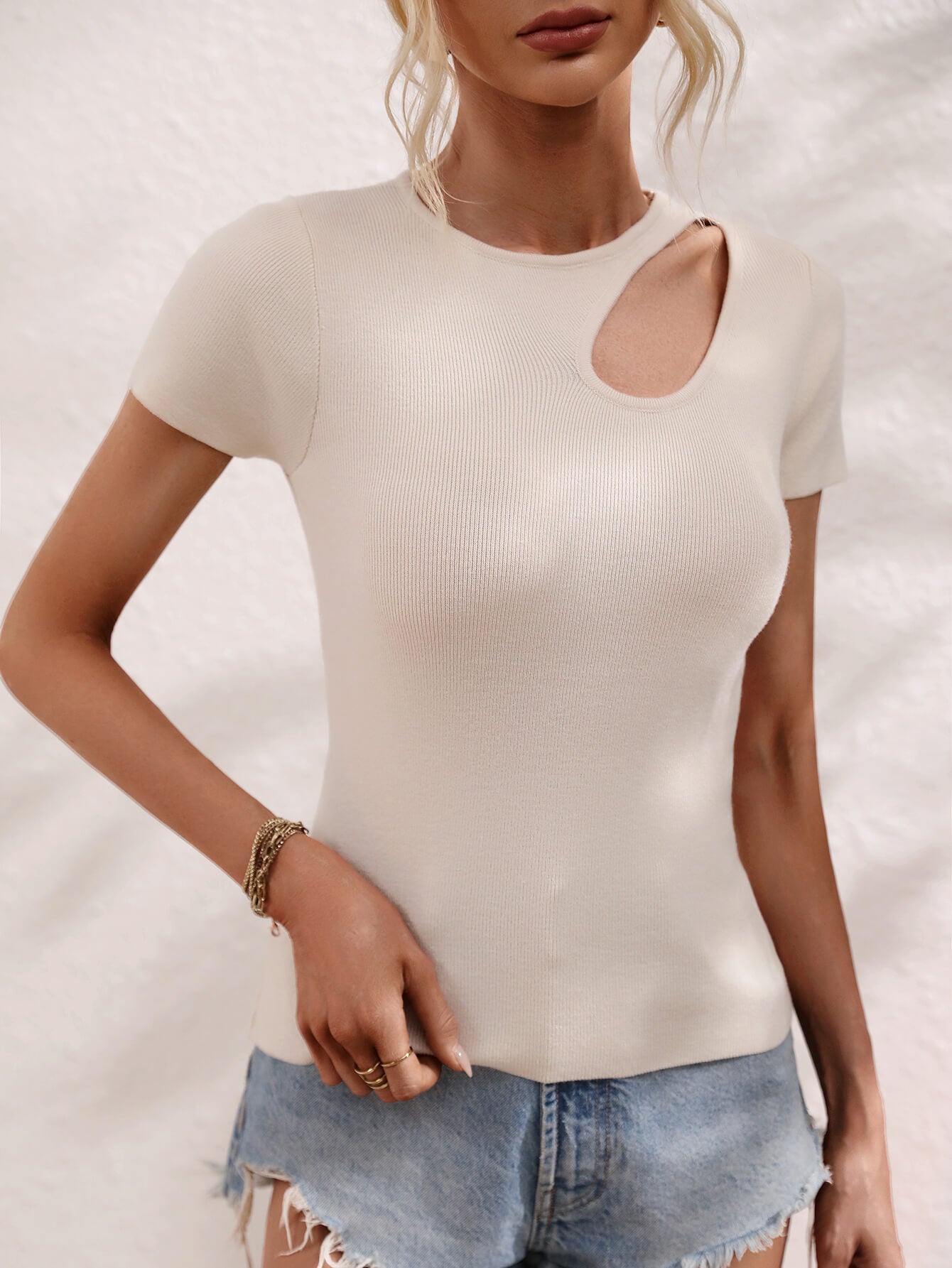 Cutout Round Neck Short Sleeve Knit Top  Shirts & Tops- Doll Fits