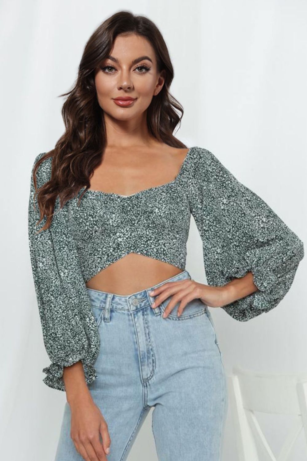 Printed Long Flounce Sleeve Cropped Blouse  Shirts & Tops- Doll Fits