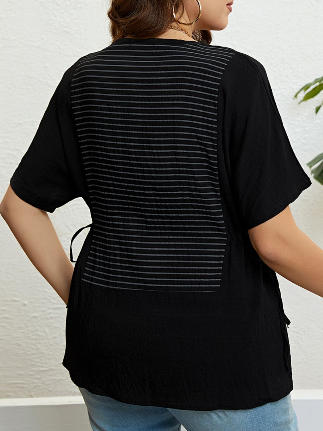 Plus Size Striped Drawstring Slit Top  Shirts & Tops- Doll Fits