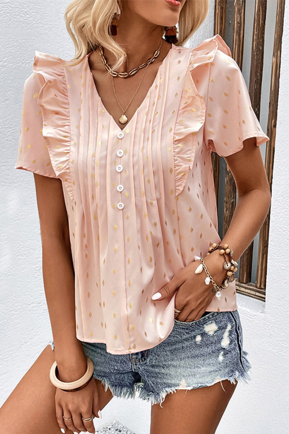 Printed Ruffle Trim Pleated Detail Blouse  Shirts & Tops- Doll Fits