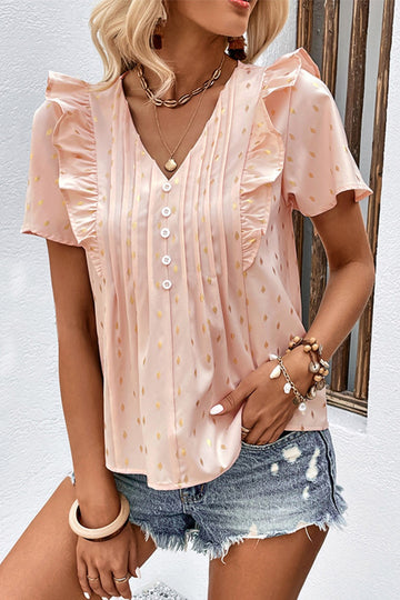 Printed Ruffle Trim Pleated Detail Blouse  Shirts & Tops- Doll Fits