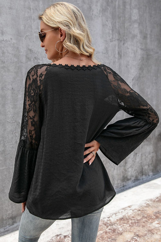 V-Neck Spliced Lace Flare Sleeve Top  Shirts & Tops- Doll Fits