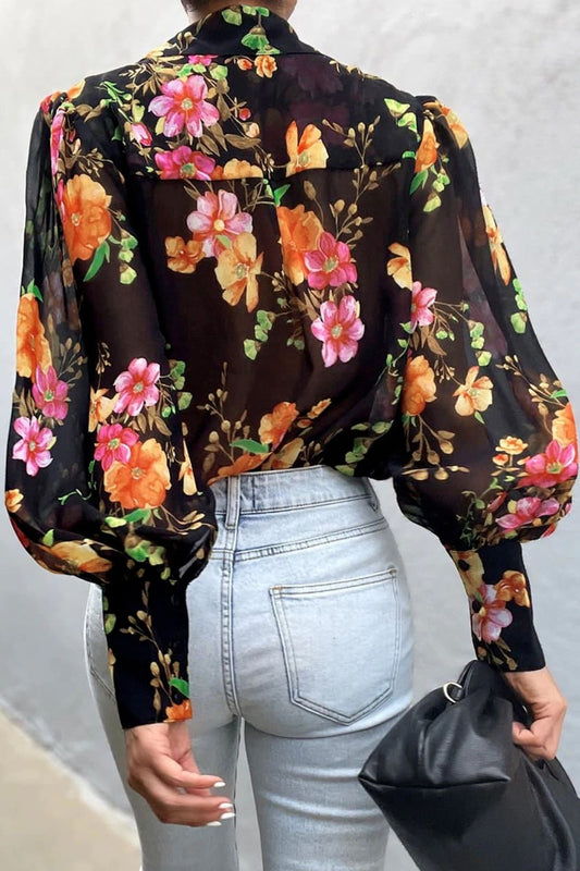 Double Take Flower Print Collared Neck Lantern Sleeve Shirt  - Doll Fits