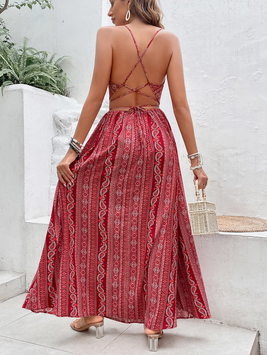 Printed Sweetheart Neck Split Maxi Dress  Dresses- Doll Fits
