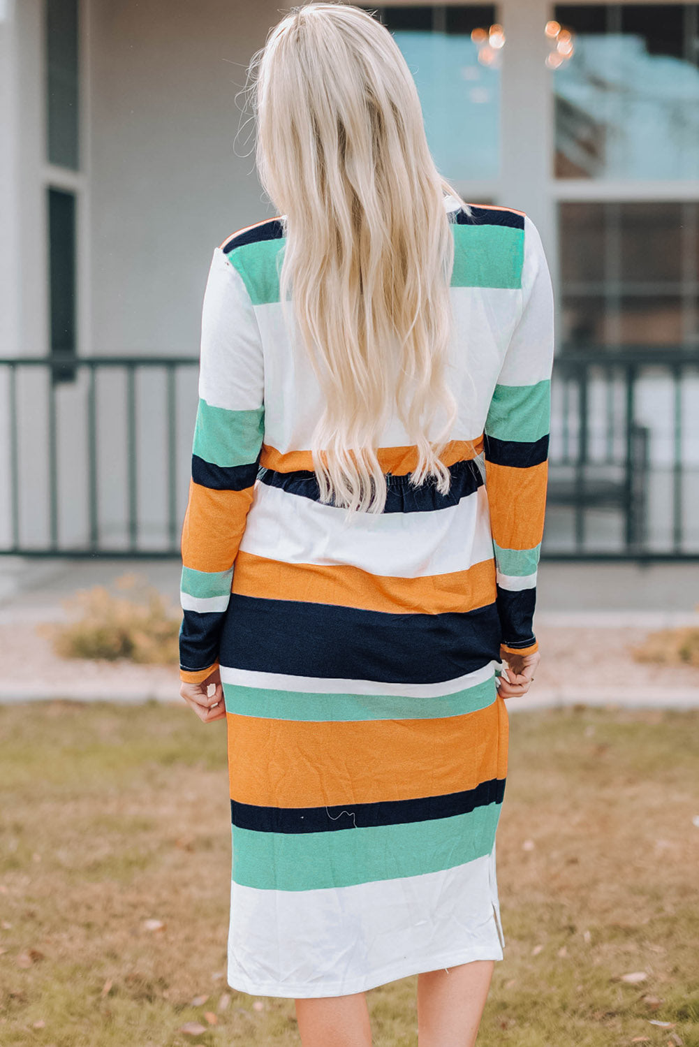 Striped Drawstring Waist Side Slit Midi Dress  Dresses- Doll Fits
