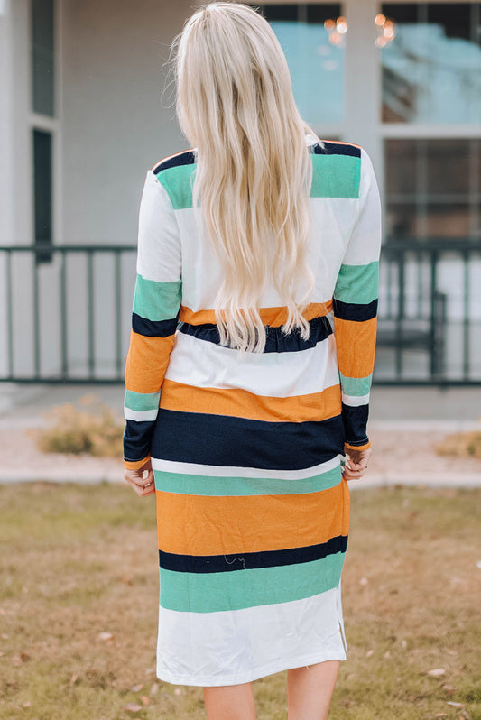 Striped Drawstring Waist Side Slit Midi Dress  Dresses- Doll Fits