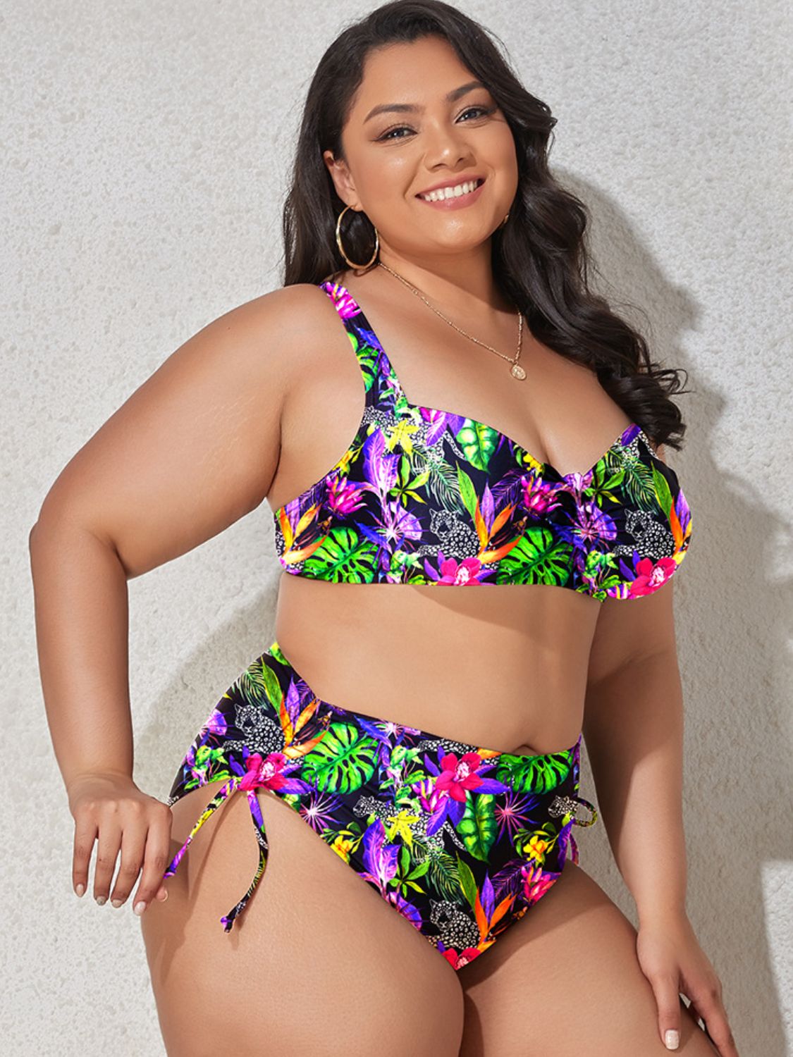 Plus Size Printed Drawstring Detail Bikini Set  Swimwear- Doll Fits
