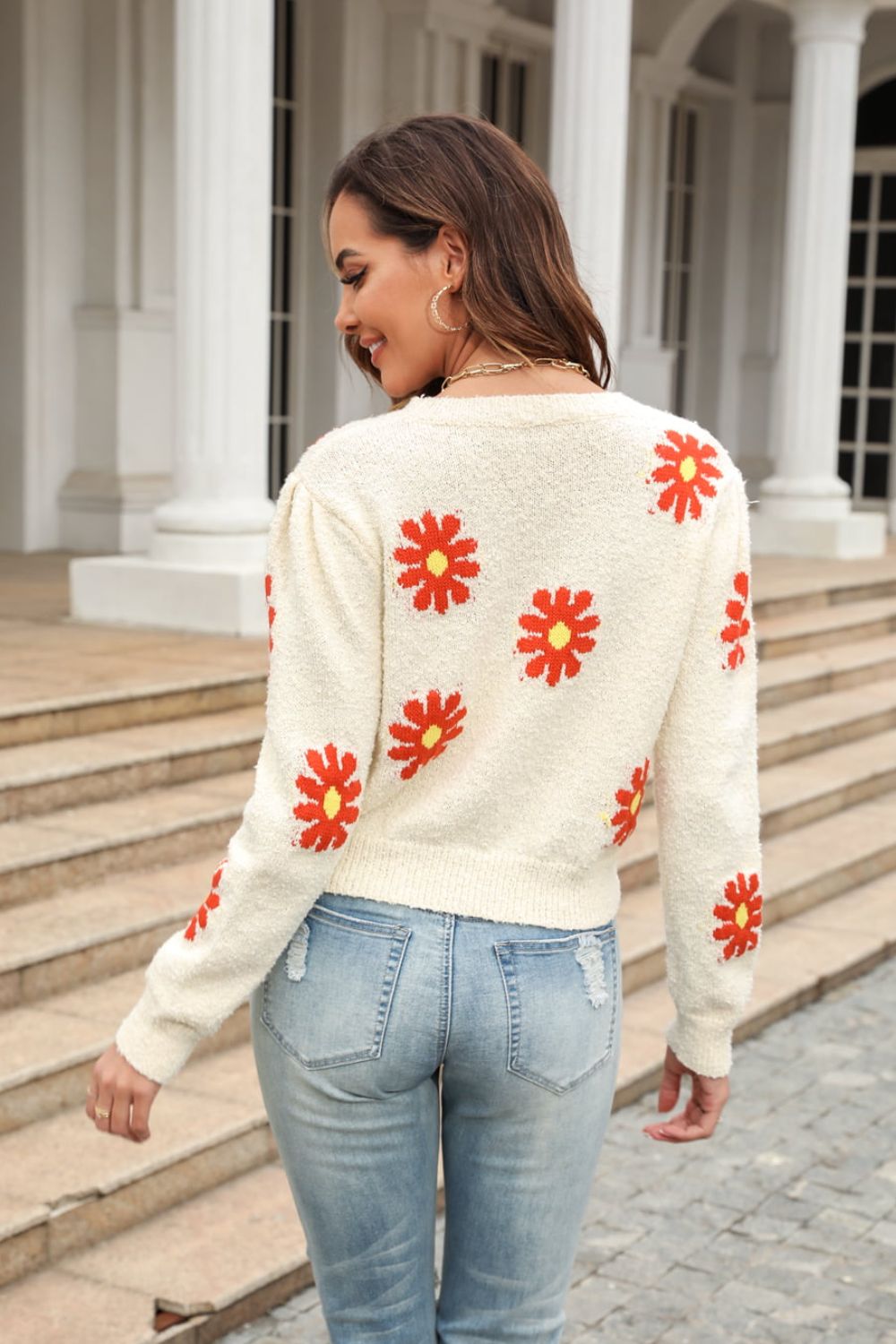 Flower Pattern Round Neck Short Sleeve Pullover Sweater  - Doll Fits