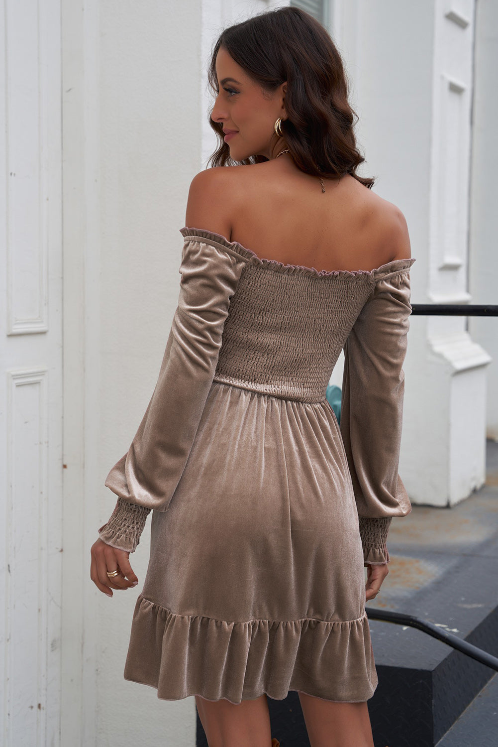 Off-Shoulder Smocked Ruffle Hem Dress  Dresses- Doll Fits