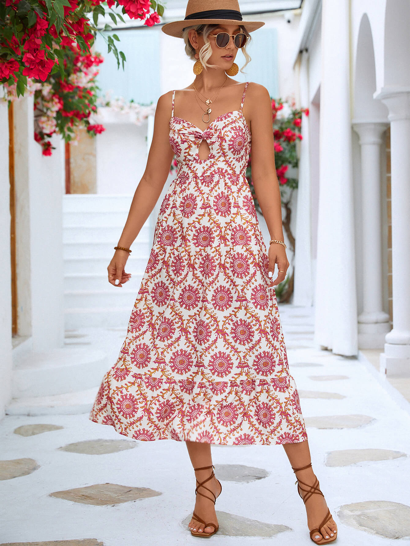 Printed Cutout Spaghetti Strap Midi Dress  Dresses- Doll Fits