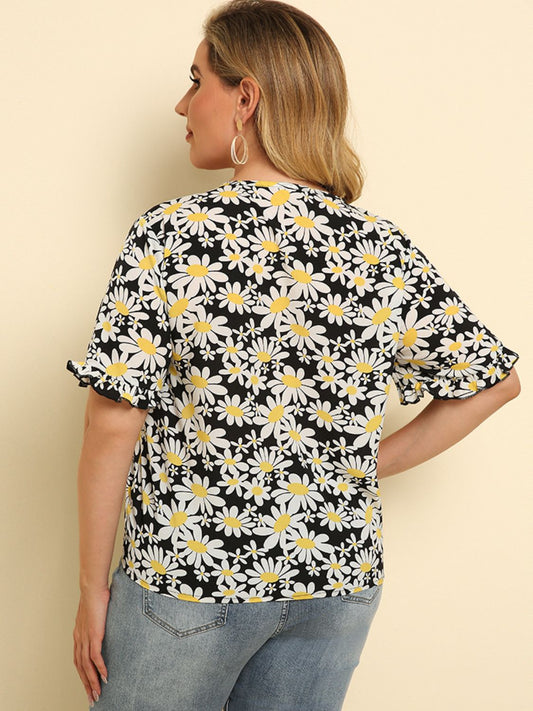 Plus Size Floral Round Neck Tie Hem Blouse  Shirts & Tops- Doll Fits