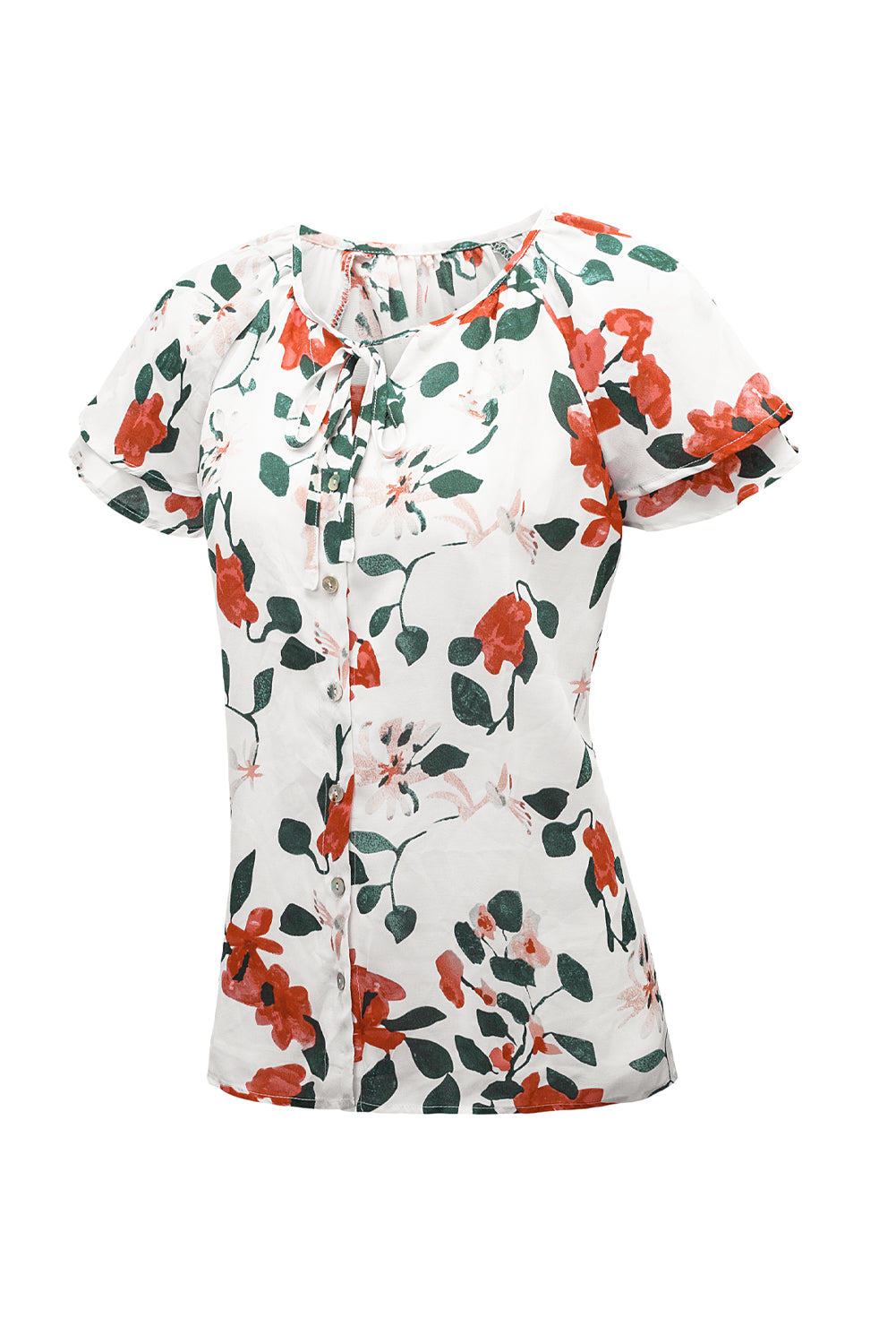 Floral Tie Neck Short Sleeve Shirt  Shirts & Tops- Doll Fits