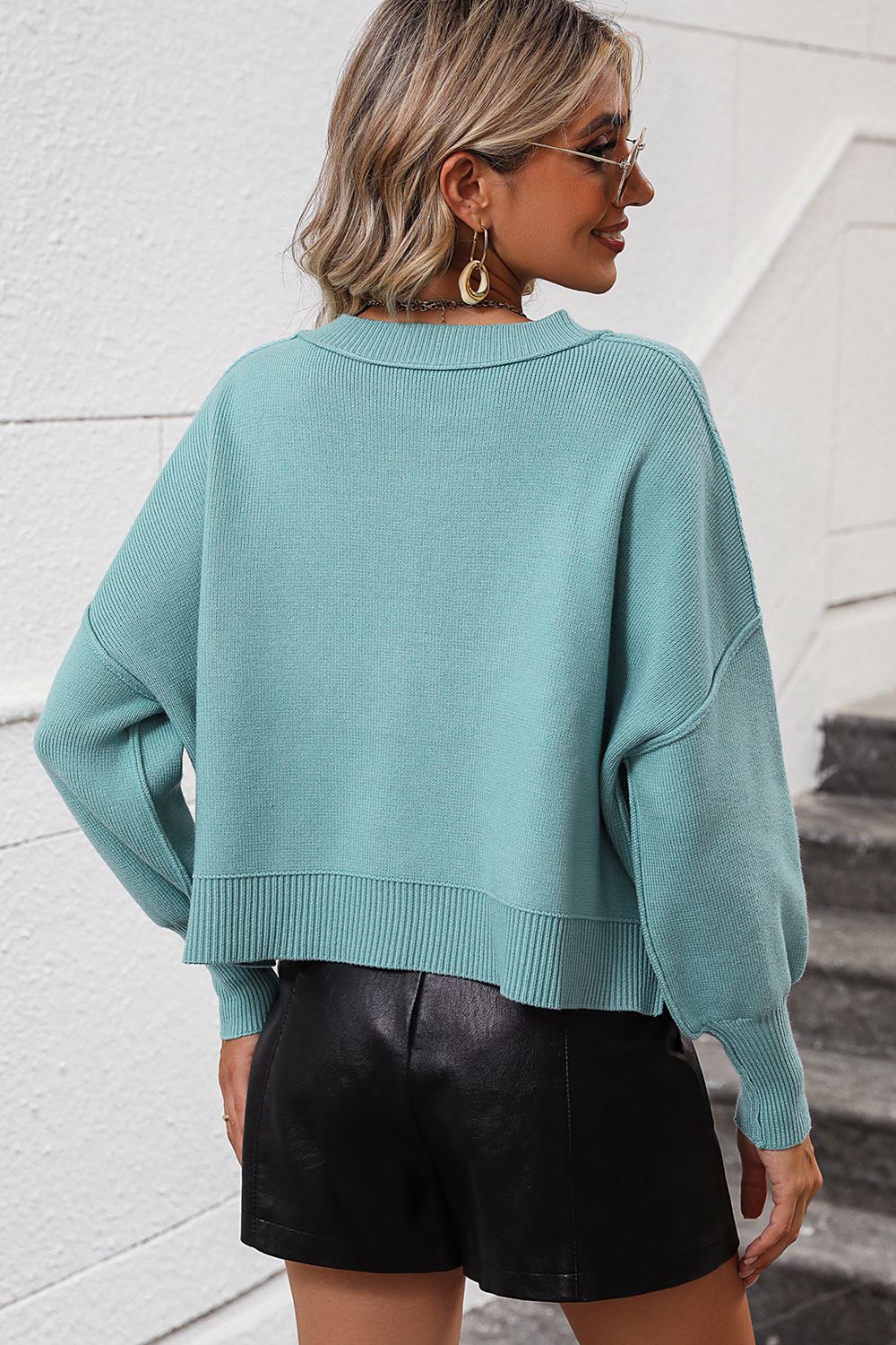 Round Neck Dropped Shoulder Pullover Sweater  - Doll Fits