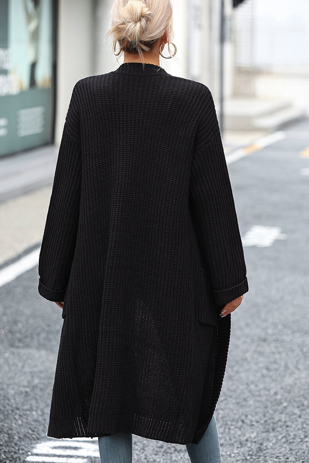 Dropped Shoulder Long Sleeve Cardigan with Pocket  - Doll Fits