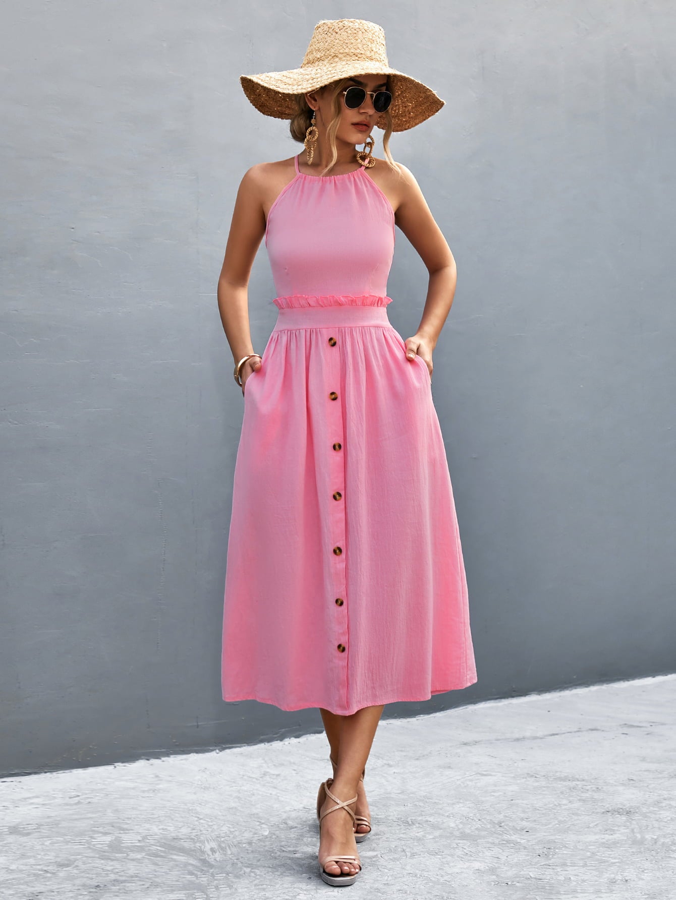 Buttoned Halter Neck Frill Trim Midi Dress  Dresses- Doll Fits