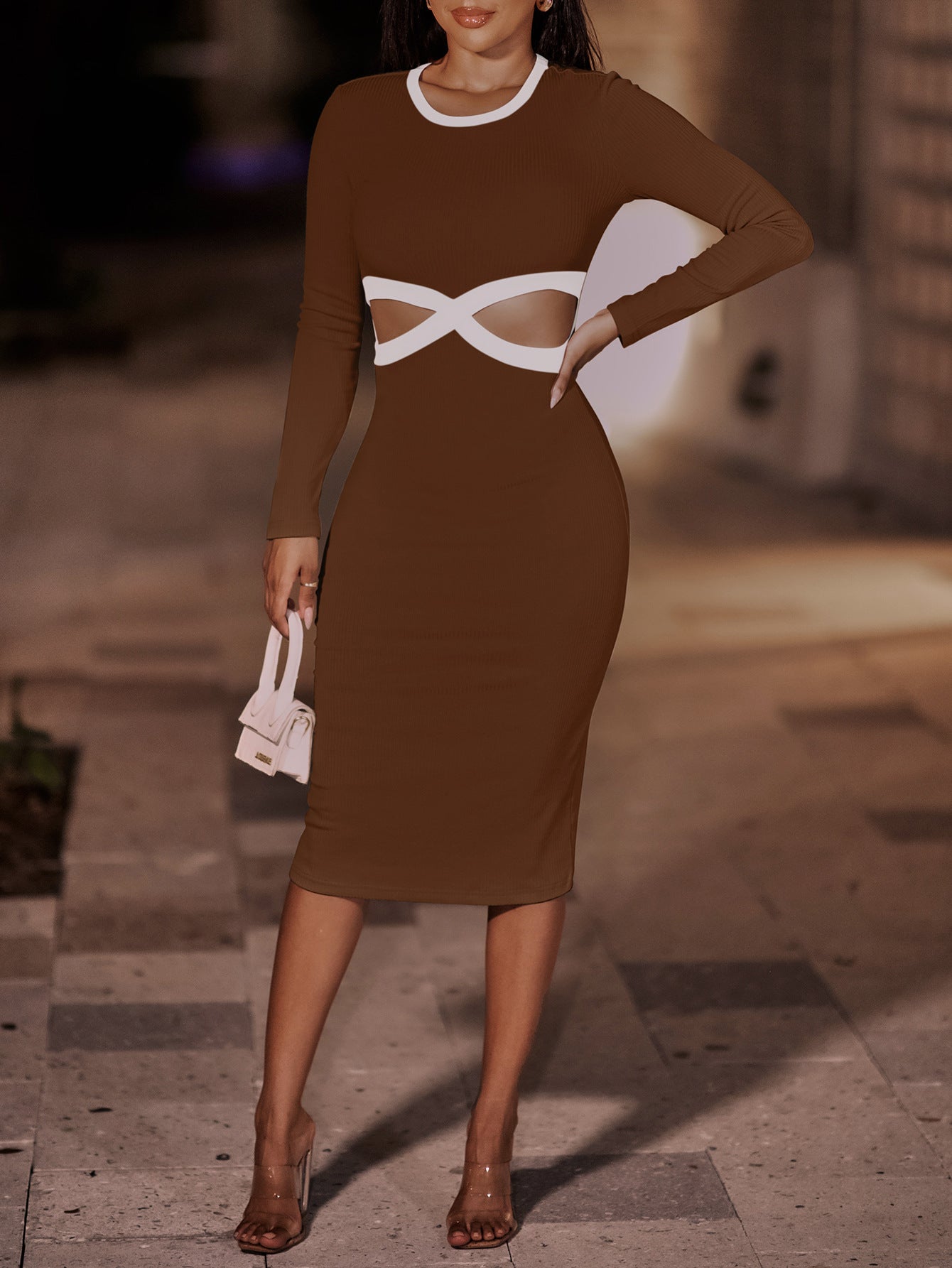 Contrast Cutout Ribbed Bodycon Dress  Dresses- Doll Fits