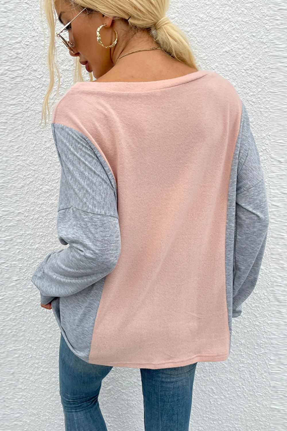 Color Block V-Neck Long Sleeve Blouse  Shirts & Tops- Doll Fits