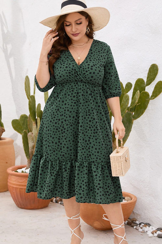 Plus Size Printed Surplice Ruffle Hem Dress  Dresses- Doll Fits