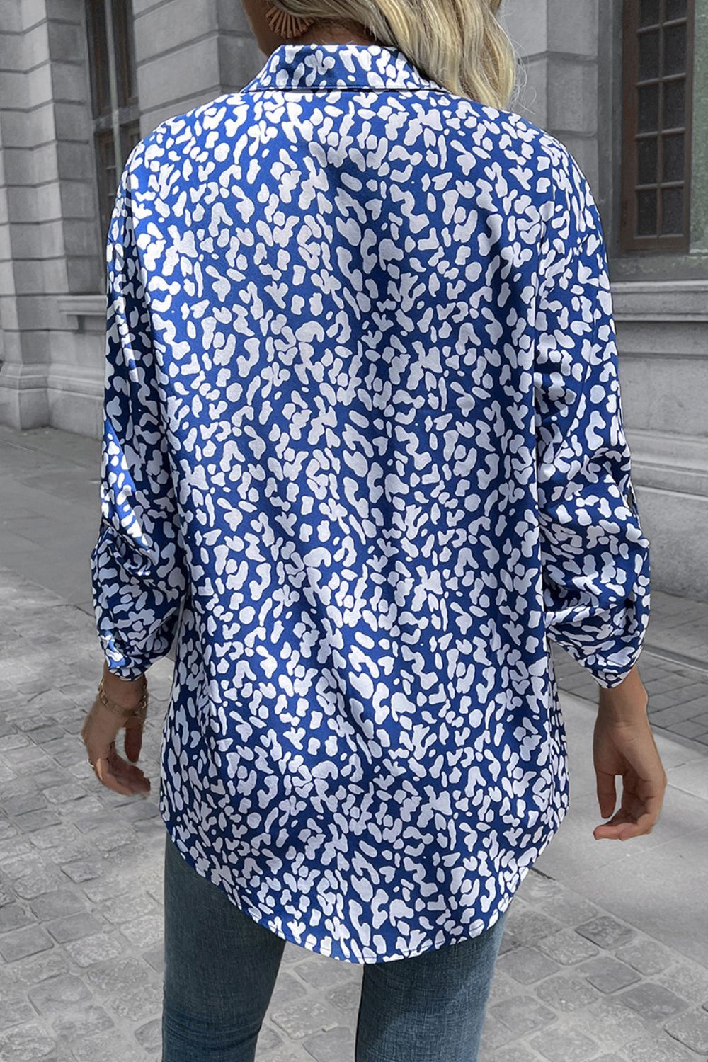 Double Take Leopard Roll-Tap Sleeve Shirt  - Doll Fits
