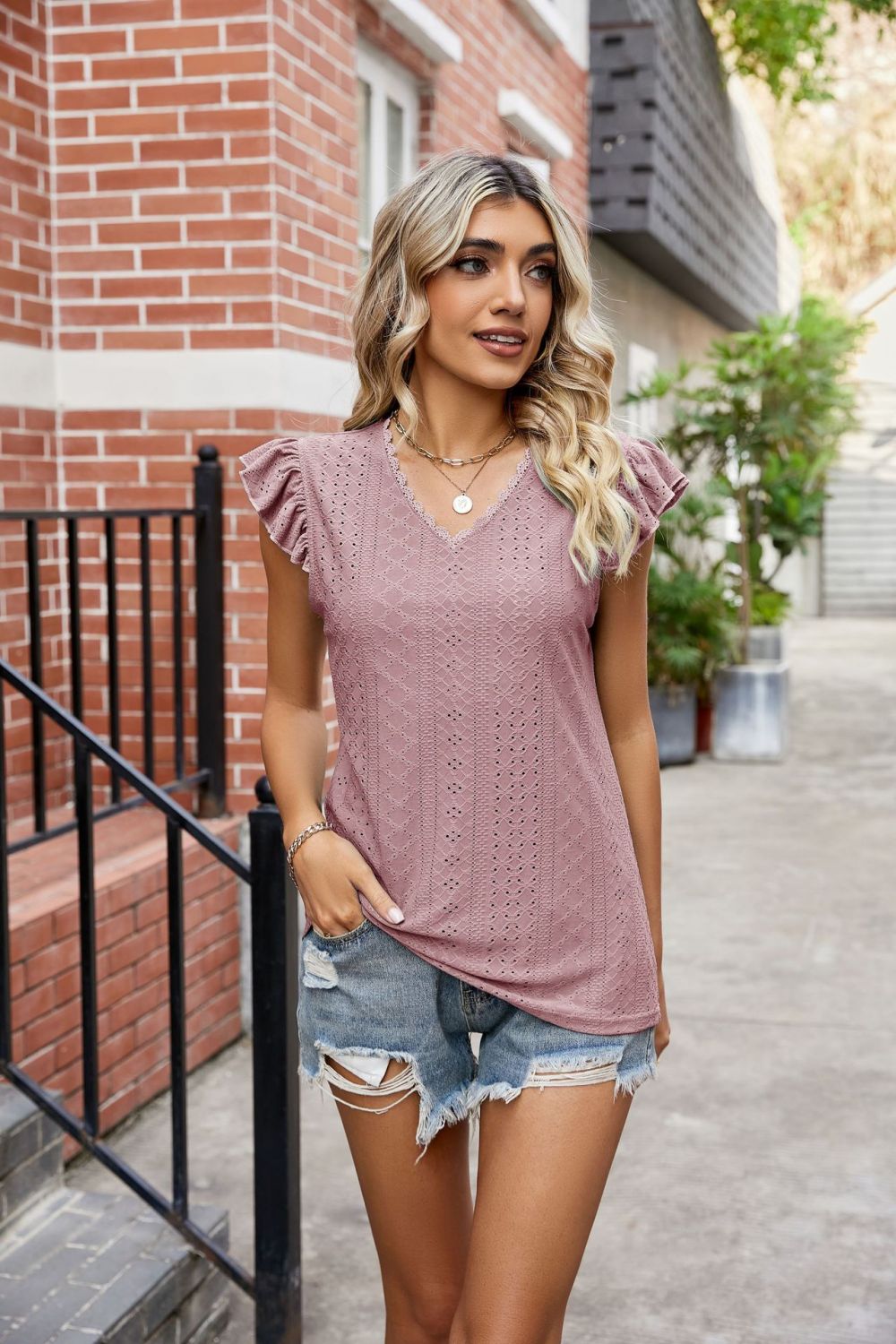Eyelet Flutter Sleeve Scalloped V-Neck Top  Shirts & Tops- Doll Fits