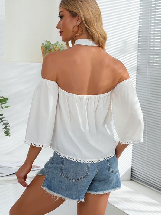 Crochet Halter Neck Cold-Shoulder Blouse  Shirts & Tops- Doll Fits