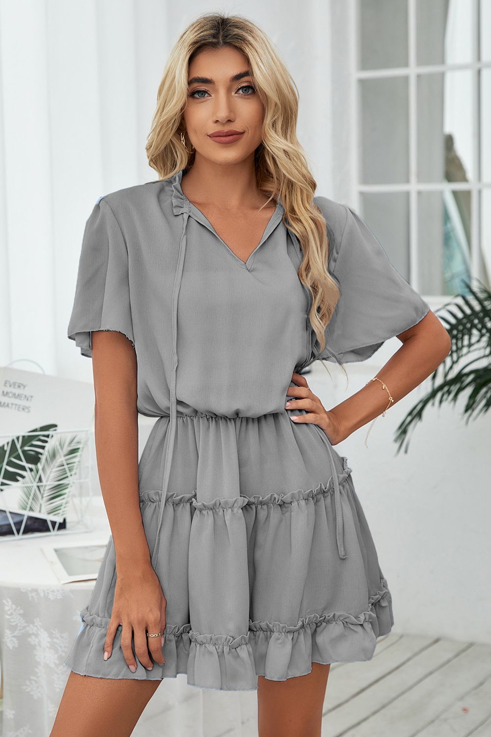 Tie Neck Frill Trim Short Sleeve Mini Dress  Dresses- Doll Fits