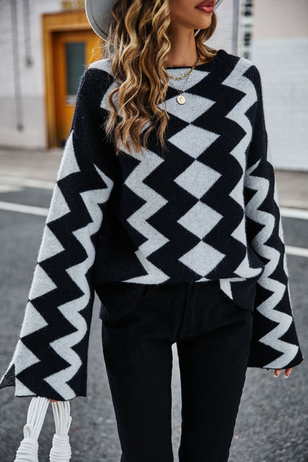 Geometric Slit Flare Sleeve Round Neck Sweater  Shirts & Tops- Doll Fits