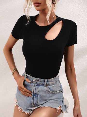 Cutout Round Neck Short Sleeve Knit Top  Shirts & Tops- Doll Fits