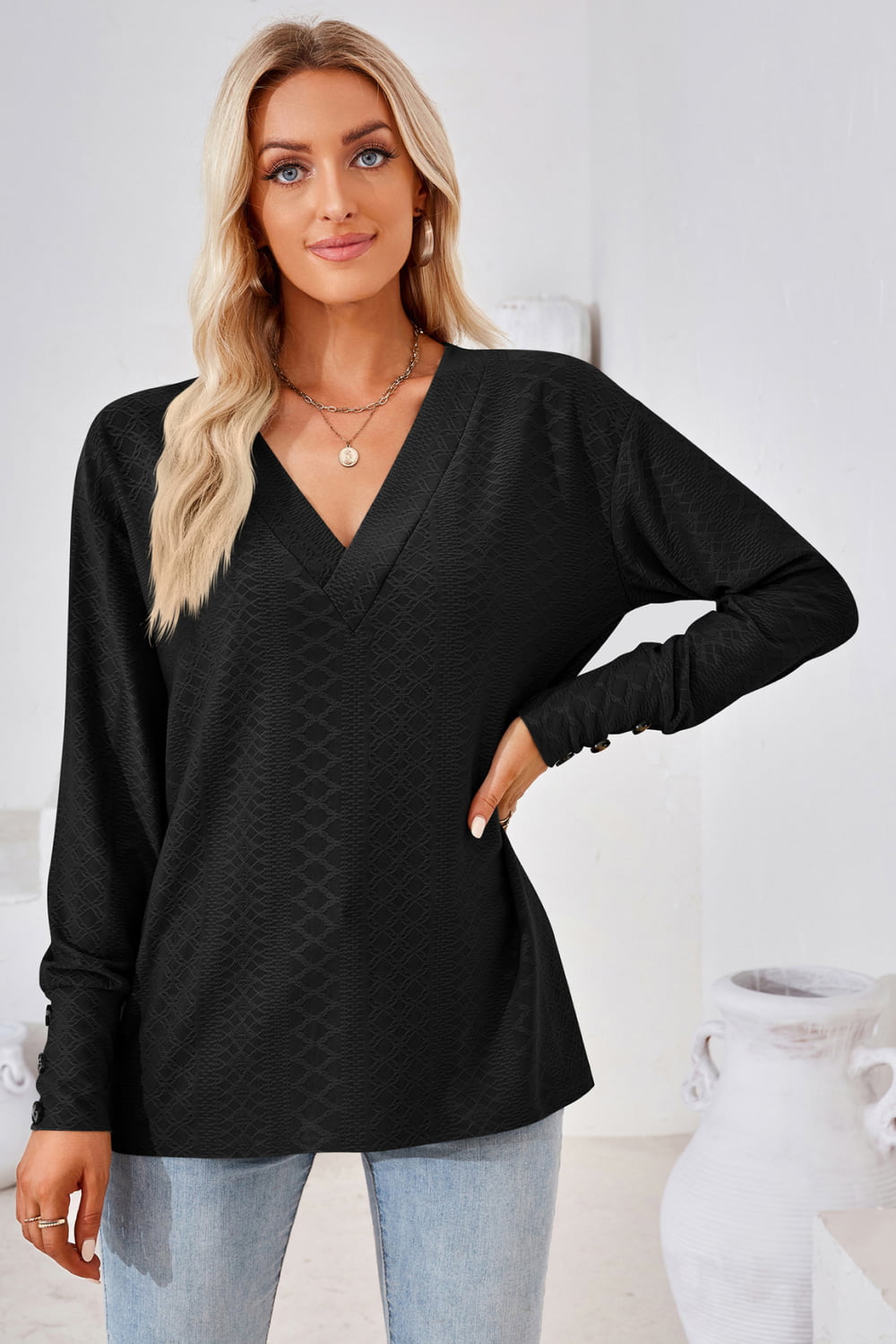 V-Neck Long Sleeve Blouse  - Doll Fits