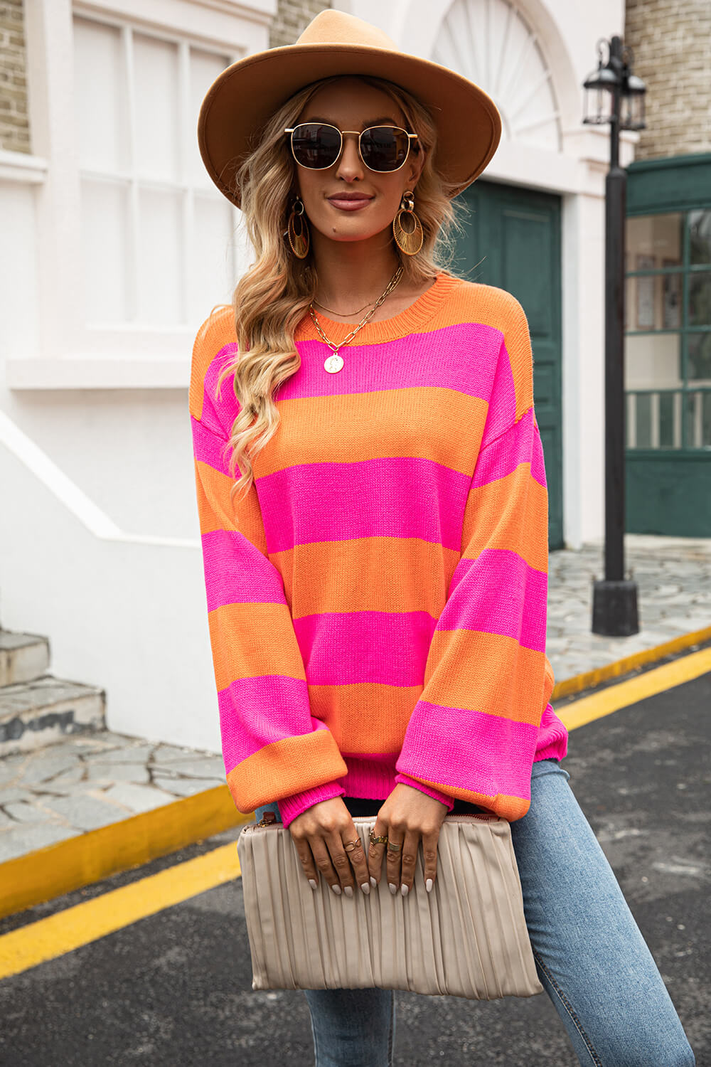 Striped Balloon Sleeve Knit Pullover  Shirts & Tops- Doll Fits
