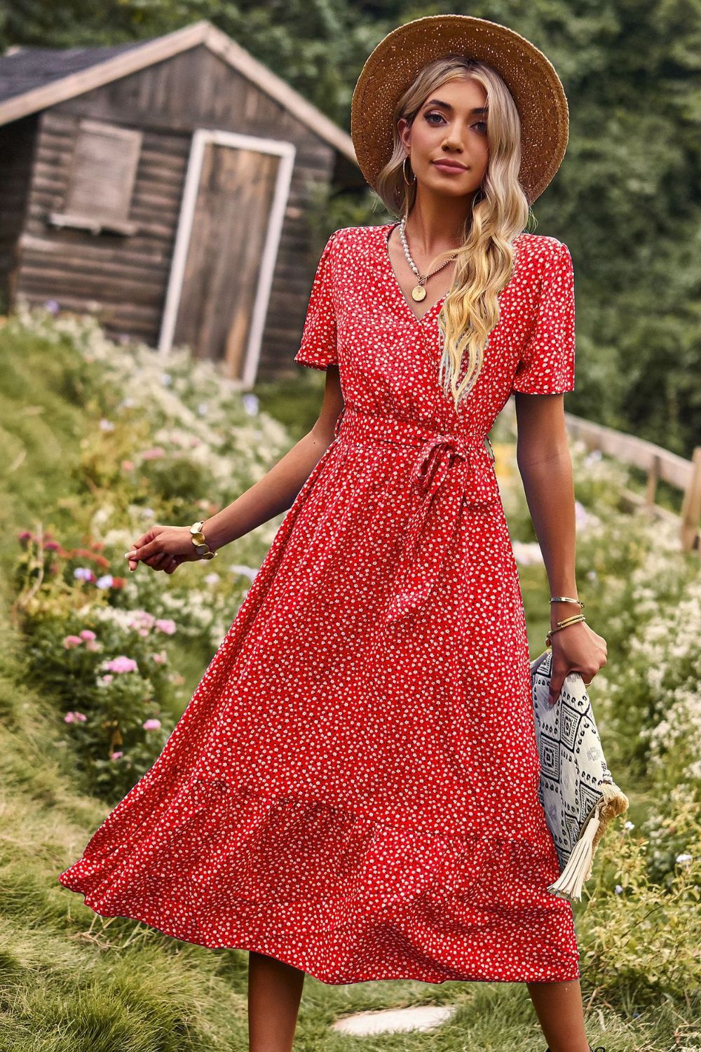 Printed Tie-Waist Short Puff Sleeve Surplice Dress  Dresses- Doll Fits