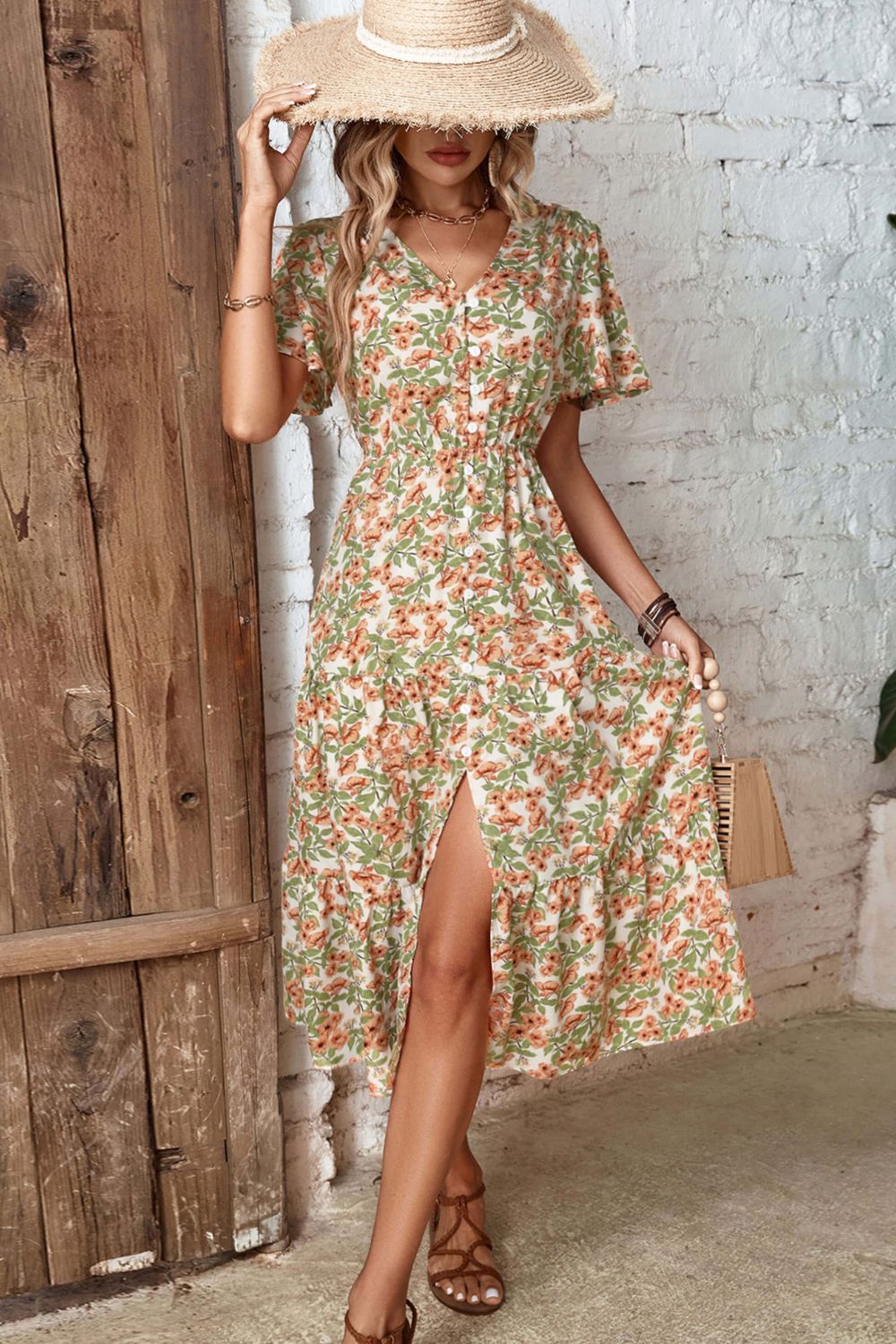 Floral V-Neck Front Slit Dress  Dresses- Doll Fits