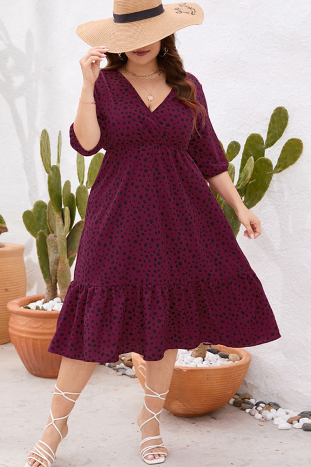 Plus Size Printed Surplice Ruffle Hem Dress  Dresses- Doll Fits