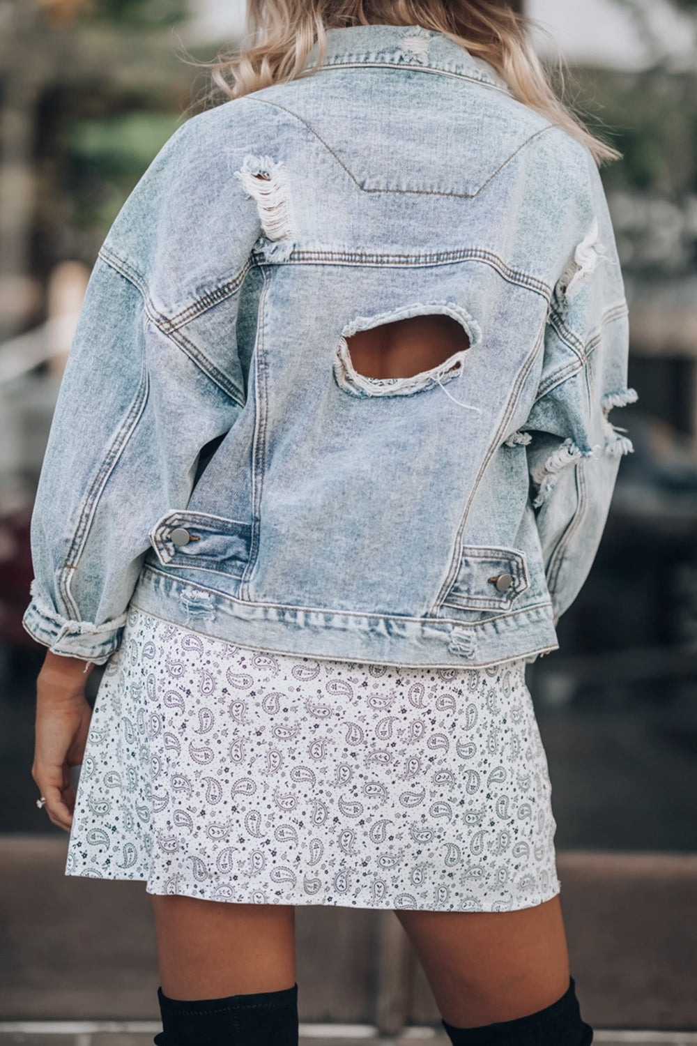 Distressed Drop Shoulder Denim Jacket  - Doll Fits