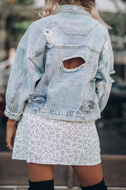 Distressed Drop Shoulder Denim Jacket  - Doll Fits