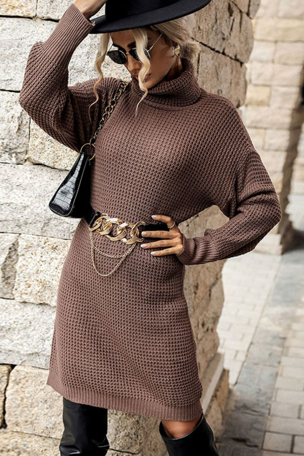 Turtleneck Dropped Shoulder Mini Sweater Dress  Dresses- Doll Fits