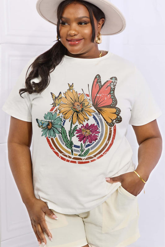 Simply Love Full Size Flower & Butterfly Graphic Cotton Tee  Shirts & Tops- Doll Fits