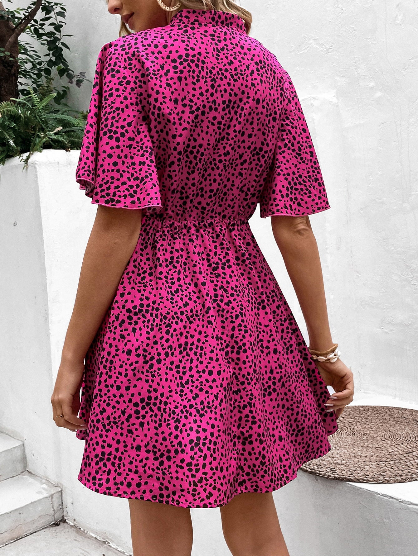 Printed Drawstring Waist Flutter Sleeve Dress  Dresses- Doll Fits
