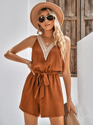 Contrast Belted Sleeveless Romper with Pockets  Jumpsuits & Rompers- Doll Fits