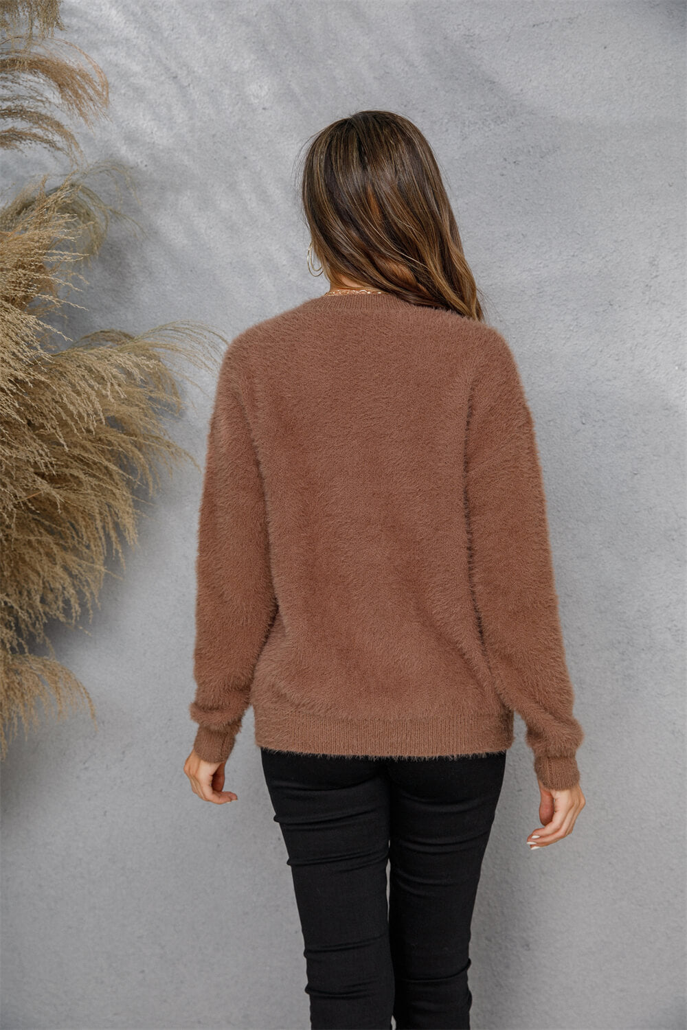 Dropped Shoulder Round Neck Fuzzy Sweater  Shirts & Tops- Doll Fits