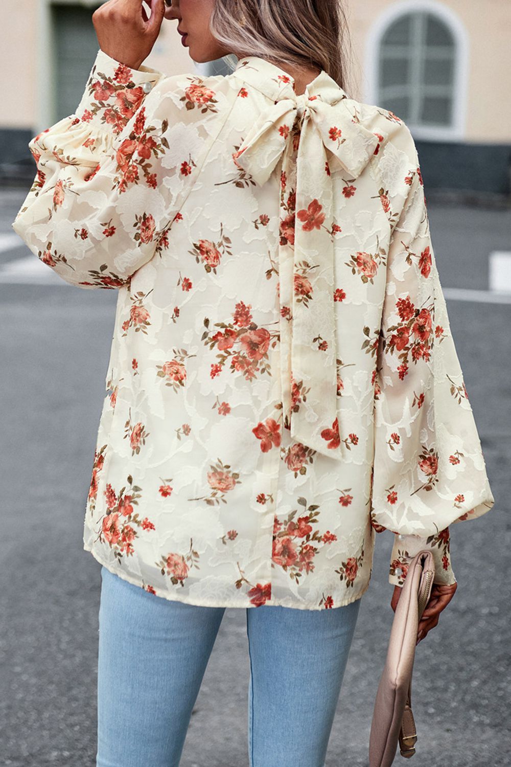 Floral Print Mock Neck Lantern Sleeve Blouse  - Doll Fits