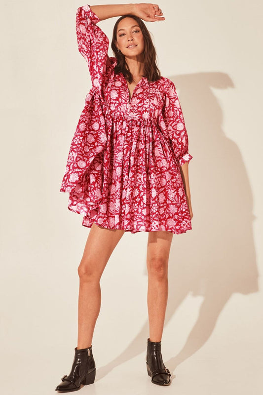 Floral Tie Neck Lantern Sleeve Dress  Dresses- Doll Fits
