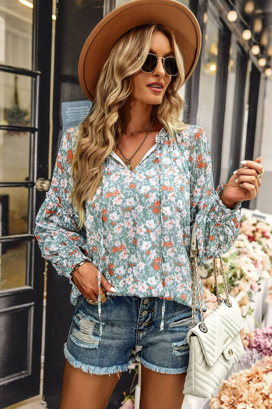Floral Tie Neck Lantern Sleeve Blouse  Shirts & Tops- Doll Fits