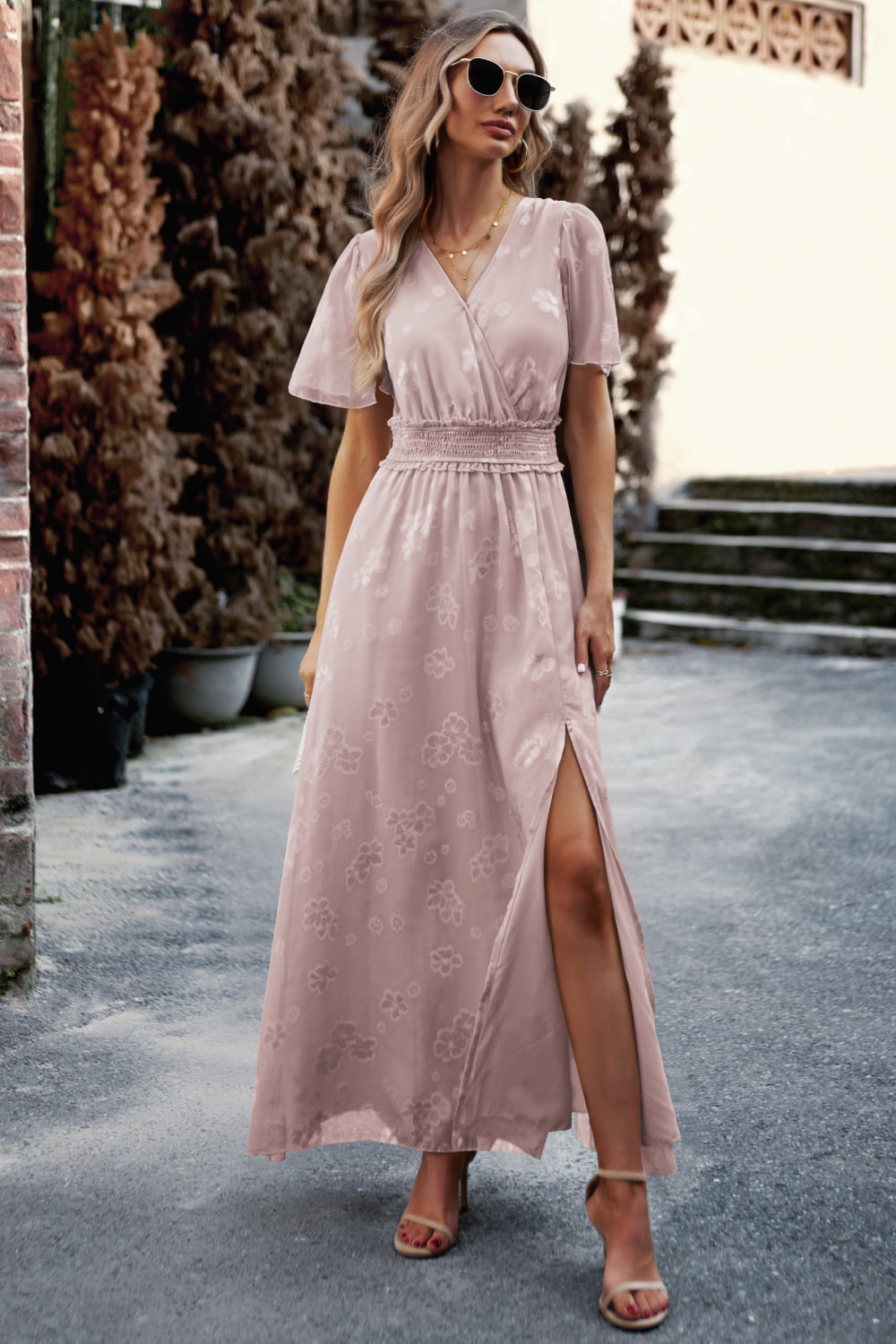 Floral Print V-Neck Smocked Waist High Slit Maxi Dress  Dresses- Doll Fits