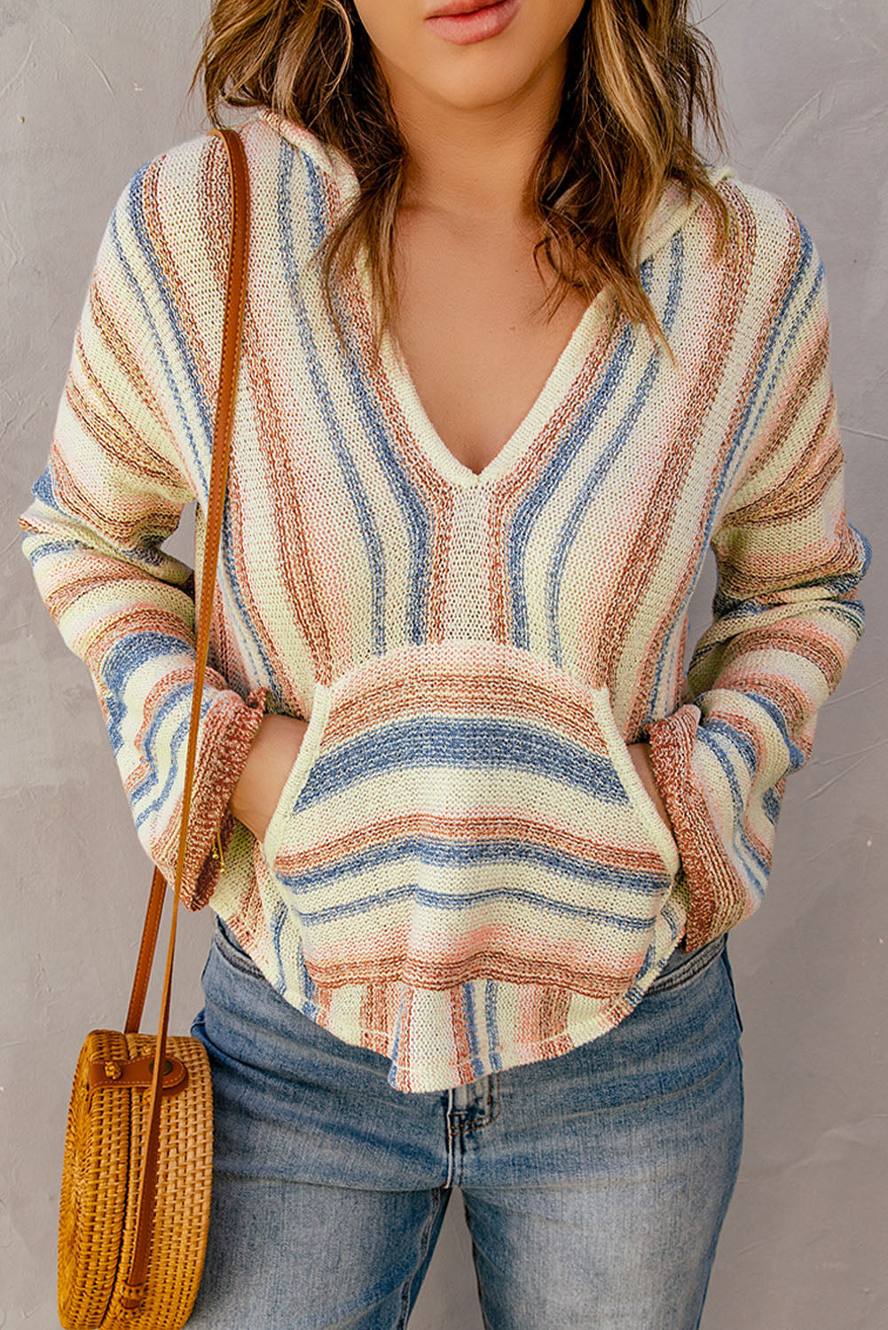 Striped Hooded Sweater with Kangaroo Pocket  Shirts & Tops- Doll Fits